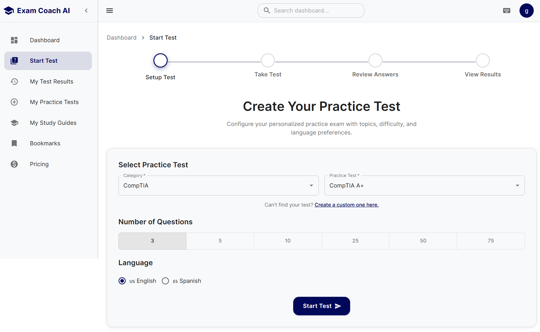Create your practice test - ExamCoachAI platform